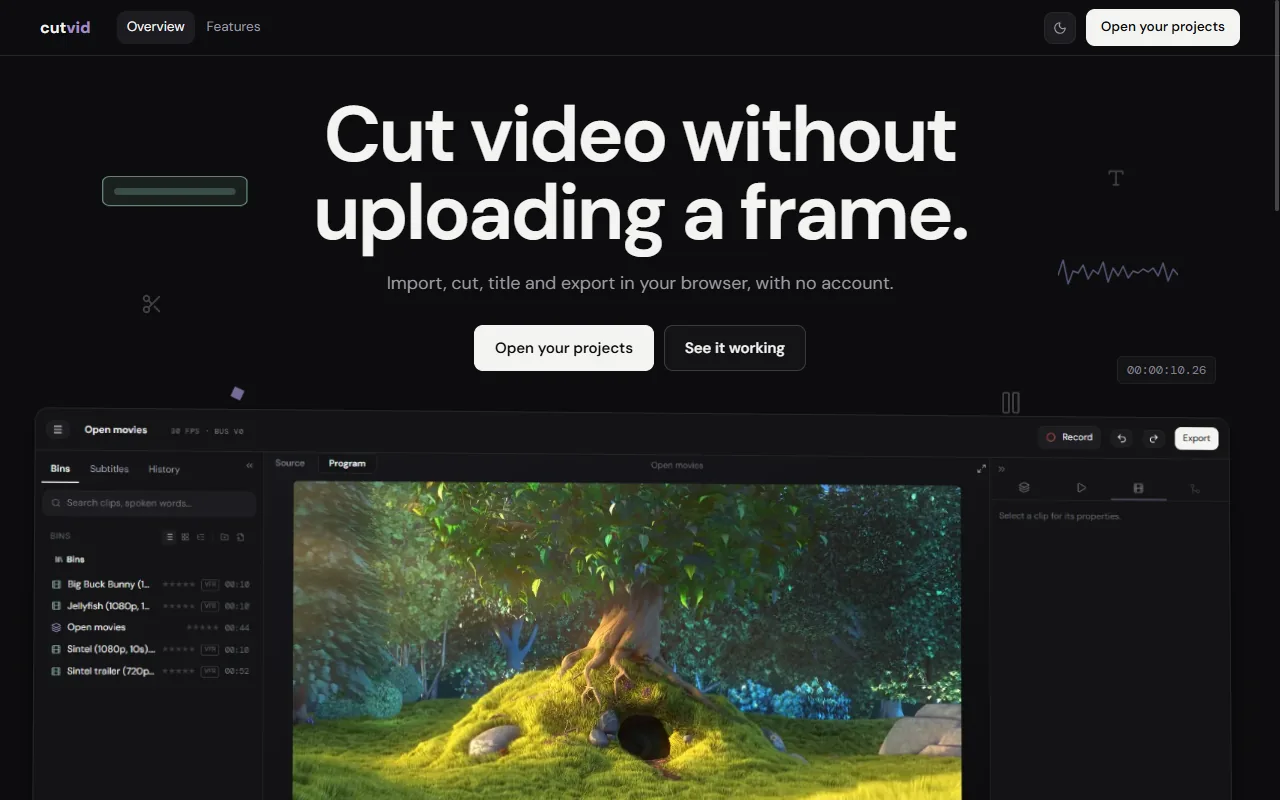 Screenshot of the cutvid landing page: Cut video without uploading a frame, over the editor